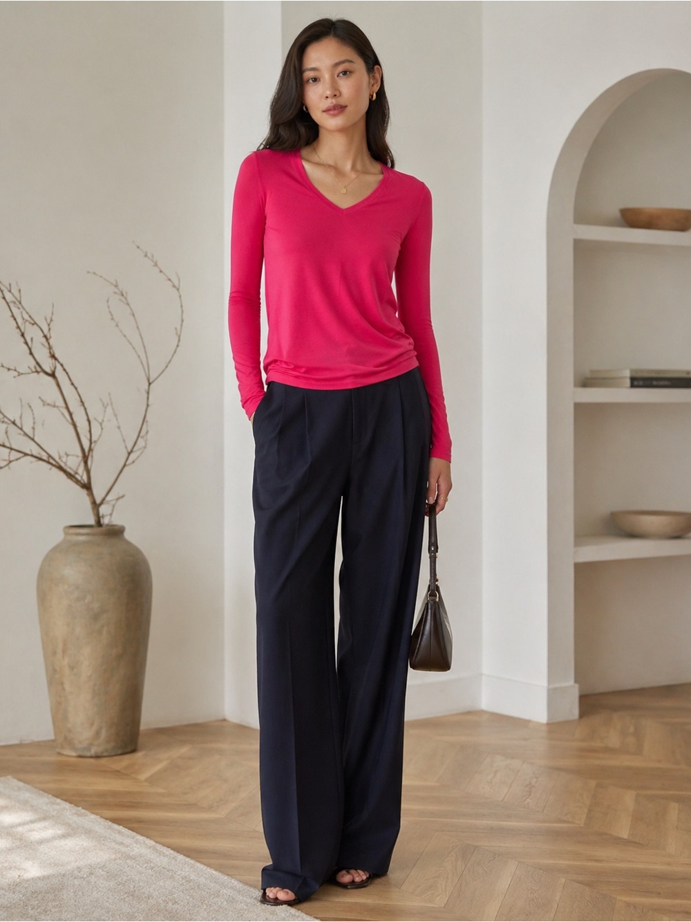 Jil Sander Hot Pink Subtle V-neck Top